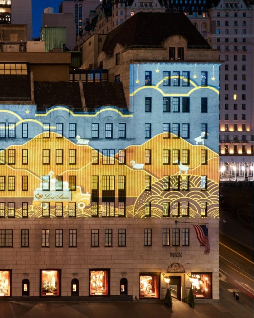 Projection mapping for Loro Piana’s “Animating Luxe” at Bergdorf Goodman.